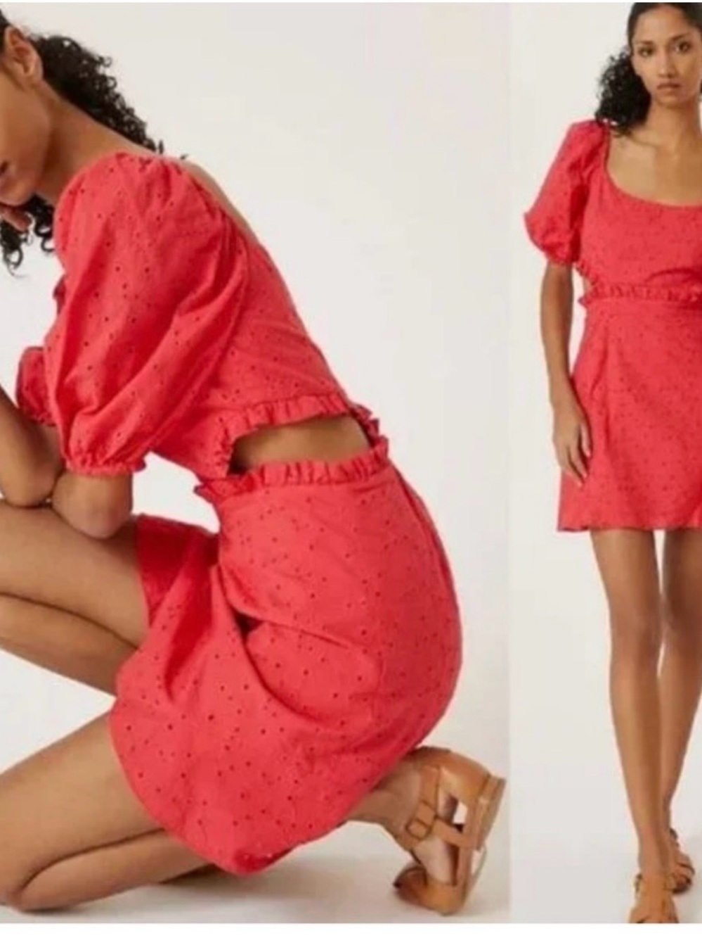 Women's Red Puff-Sleeve Eyelet Mini Dress - Picture 2 of 4